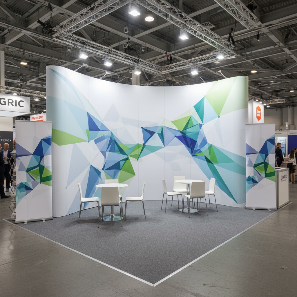 Messestand mit großem Stoffbanner und Roll-ups