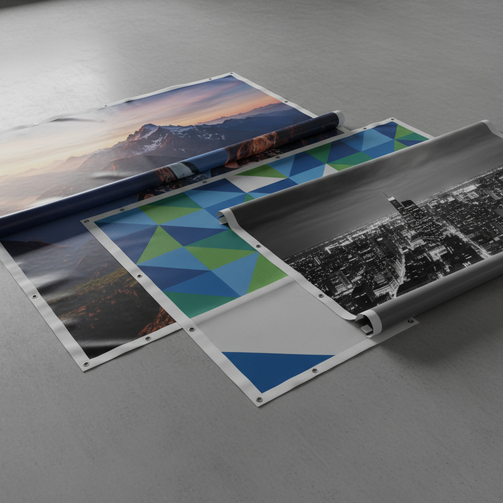 PVC-, Mesh- und Blockout-Banner mit sichtbaren Materialstrukturen